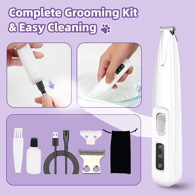 Dog Paw Trimmer with LED Light, Ultra-Quiet Pet Hair Clippers for Small Areas, Cordless Dog Grooming Kit for Paws, Eyes, Ears & Rump, Low Noise Rechargeable Shaver for Anxious Dogs & Cats