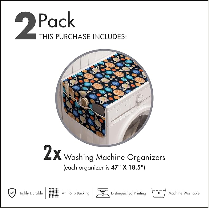 Ambesonne Galaxy Washing Machine Organizer Pack of 2, Galaxy Space Art Solar System Planets Mars Mercury Uranus Jupiter Venus Print, Anti-Slip Cover for Washers Dryers, 47" x 18.5", Salmon Blue