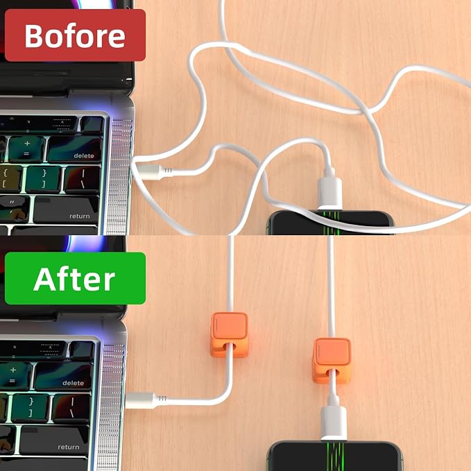 8 Pack Cord Organizer, Magnetic Cable Clips, Under Desk Management, Orange | 0.27in Cable Compatible,Strong Adheive Wire Holder Keeper,Easy Open Phone Charger Holder for Home Car Desk Nightstand Office