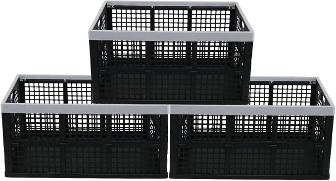 3-Pack 66 L Collapsible Milk Crates, Folding Plastic Storage Bins | Stackable Containers for Organizing, Foldable Crates 23.5 x 16.88 x 11.81 in, Black, Space-Saving Fold-Flat Design
