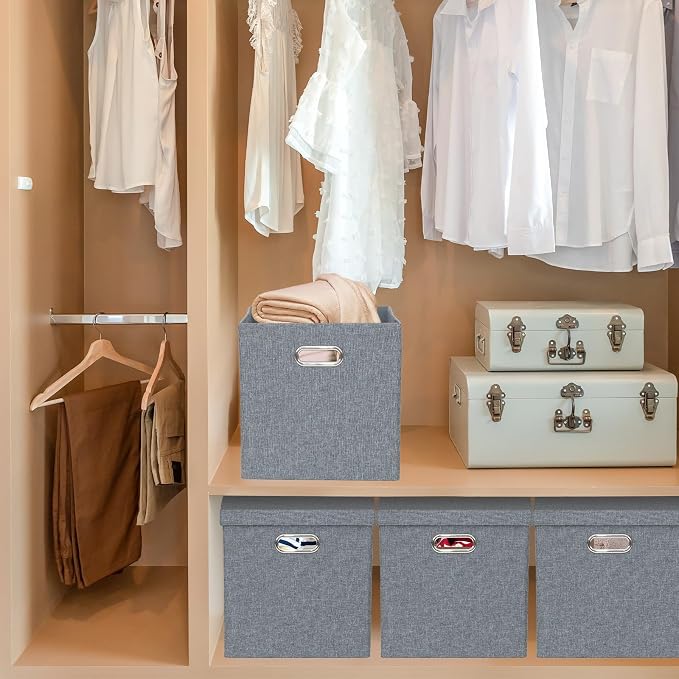 Storage Bins with Lids, Linen Fabric Boxes Organizer Containers with Lid Foldable Storage Box Basket for Closet, Shelves, Home, Office, 12 x 12 x 12 Inch, 4 Pack, Dark Gray, AG3006-7