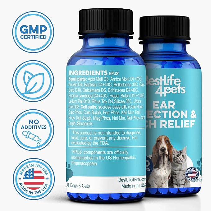 Itch Relief and Ear Infection Treatment for Dogs & Cats, Natural Ear Mites Treatment for Cats and Dogs Soothes Itchy Ears, Reduces Swelling, Otitis, Pain & Inflammation, 400 Easy to Give Tiny Pills