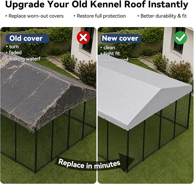 ROOMTEC 10 x 10 FT Outdoor Dog Kennel Cover, Replacement Canopy Only | Silver, 210D Coated Oxford, Waterproof, UV, 18 Secure Fasteners, Designed for ROOMTEC Kennels