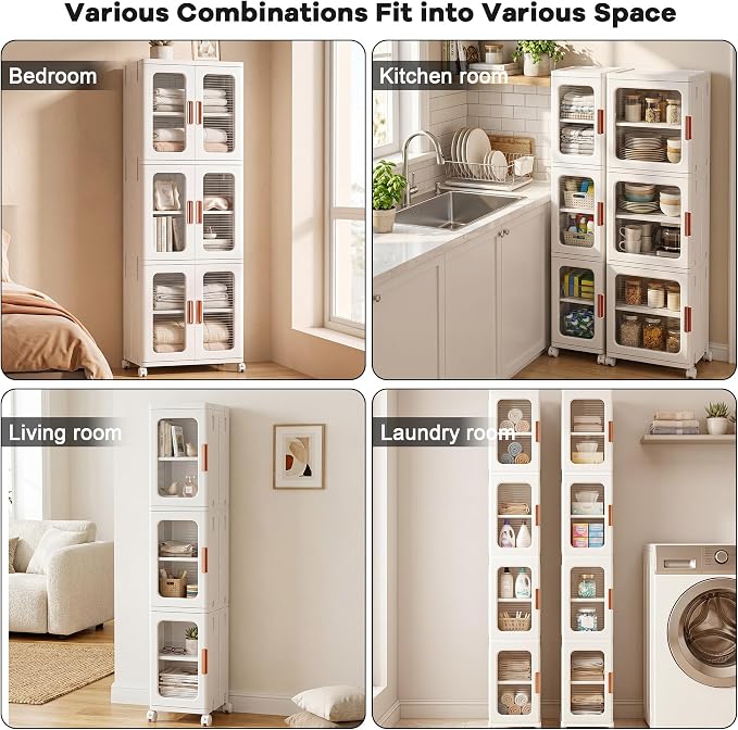 3-Tier Tall Narrow Plastic Storage Cabinet, Foldable | Rolling Organizer with Lid,Doors,Stackable, Adjustable Shelves, Durable PP,Freestanding Bathroom Cabinet for Small Slim Space