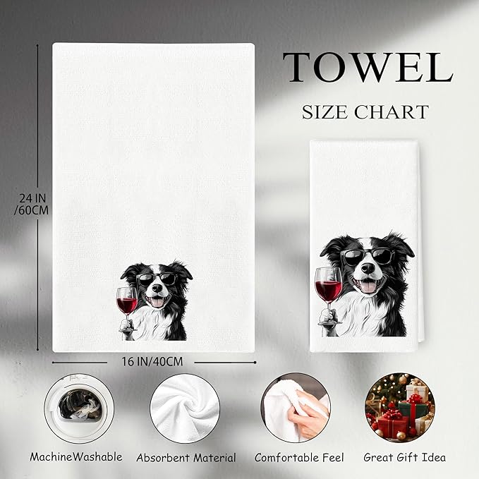 Border Collie Dog Towels - Funny Border Collie Wine Lovers Gifts, Bar Towels, Dog Wine Decorative Hand Towels Dish Towels for Kitchen Home Bar, 16x24 Inch
