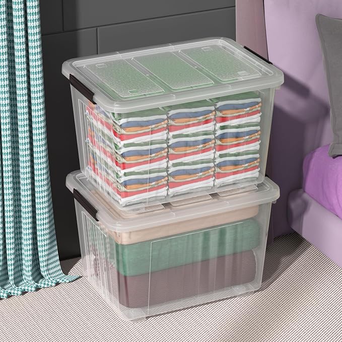 70 Quart Large Clear Plastic Storage Boxes with Wheels, 4 Packs | Stackable Plastic Latching Organization Bins with Lids