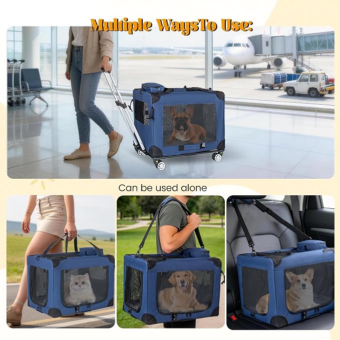 2 in 1 Rolling Dog Crate with Wheels, 24'' Collapsible Travel Pet Carrier for Medium Large Dogs, Portable Folding Kennel with 3-Door Design & Mesh Windows (Dark Blue + 28'')