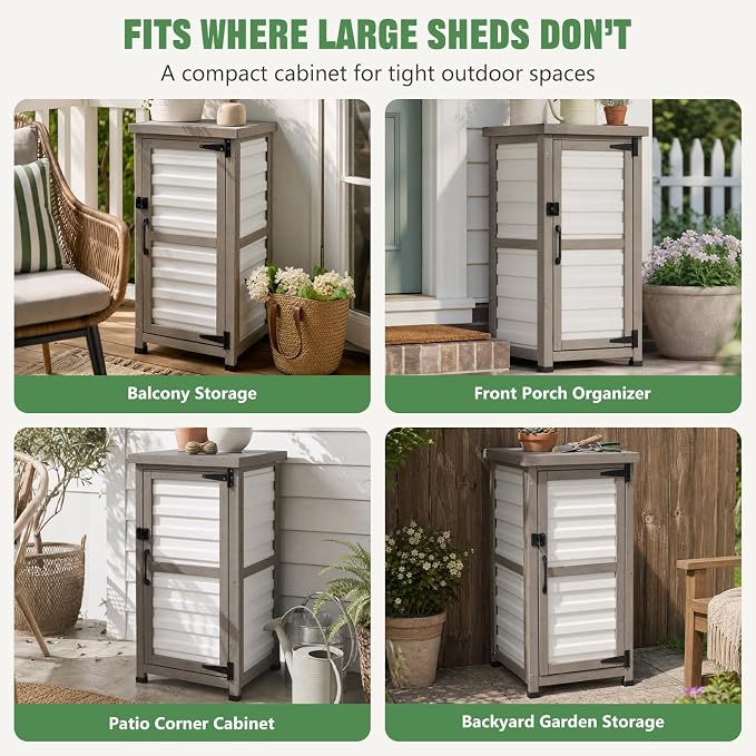 Ketive Outdoor Storage Cabinet, 33.5" H Compact Patio Storage Cabinet with Plastic Door Panels, Wood-Style Frame, 2-Tier Outdoor Organizer for Porch, Balcony, Backyard, Garden Supplies, Gray & White