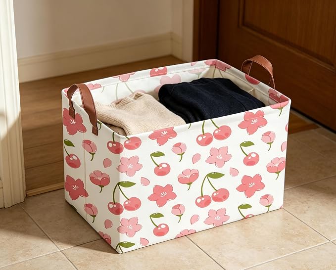 Rectangular Cherry Basket Girls Baskets Storage Bins Room Decor Cute Organizer Box(Cherry)