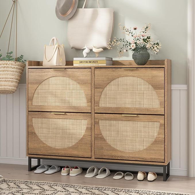 Maupvit Large Rattan Shoe Storage Cabinet with 4 Flip Drawers, Freestanding Shoe Organizer with Metal Legs for Entryway, Hidden Golden Handles, Narrow Shoe Rack Cabinet, Rustic Oak Rattan