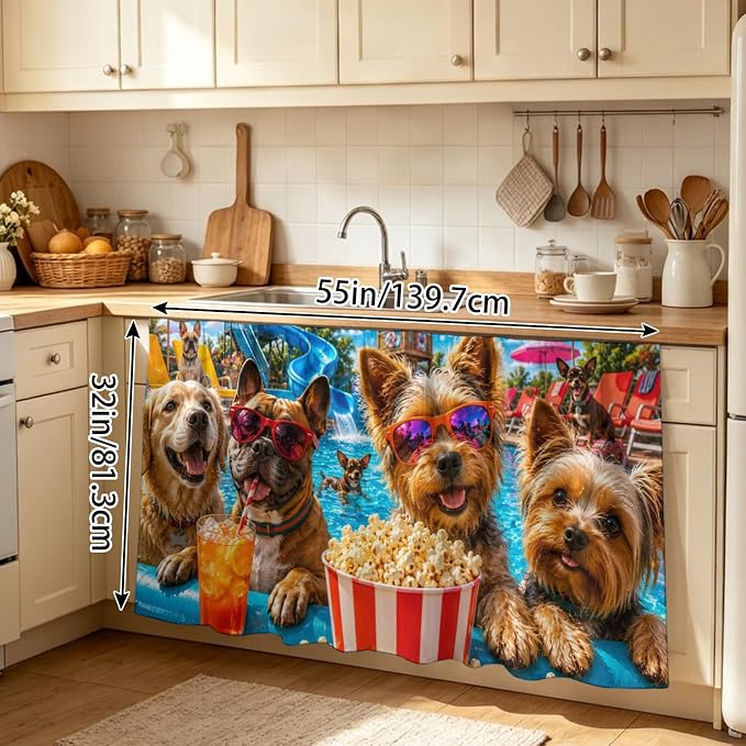 Summer Dog Sink Skirt for Bathroom, Self-Adhesive Under Sink Curtain, Summer Fantasy Pets Juice Popcorn Pool Country Hide Pipes & Storage Fabric Cabinet Skirt Cover for Kitchen Laundry 32"x55"