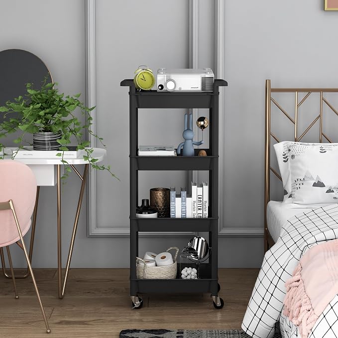 STEEHOOM 4 Tier Rolling Cart with Handle, Utility Cart with Table Top Easy Assembly Bathroom Storage Cart on Wheels for Office, Living Room, Kitchen, Craft Room, Black