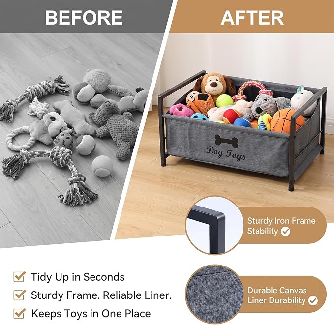 Pethiy Dog Toy Basket, Metal Frame Fabric Pet Storage Bin Front Low Open | pet organizer with Front Low Opening with black metal frame and soft fabric bin for Large Capacity Dog Toy Basket
