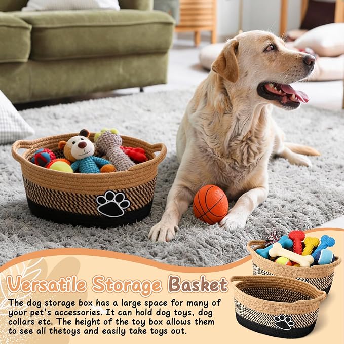 2 Pcs Dog Toy Basket Gift Baskets for Organizing Woven Organizers Cat Toy Food Storage Bin Cute Dog Paw Rope Storage Organizer with Handle, Cat Holder Container 11.8 x 7.8 x 5.1 Inch