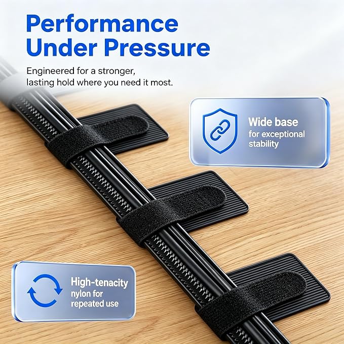 50 Pack Hook and Loop Cable Straps, Adhesive Cord Ties for Under Desk Cable Management, Reusable Cord Organizer for Computer Wire Management, Home Office, Black