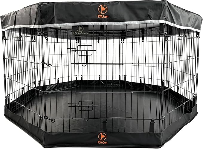 PJYuCien Puppy Playpen with Top Cover & Bottom Pad, 8 Panels 30" H, Black | 24"W, Small Pet Safe Sanctuary, Foldable Octagonal Pen, Versatile, Indoor & Outdoor, Backyard Pasture, Protects Floors