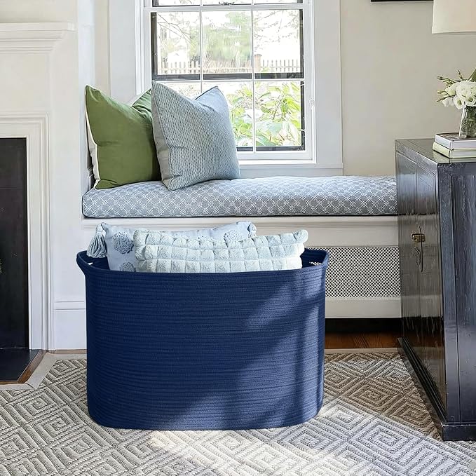 108L Extra Large Storage Basket, 25"x16"x16" Blue Blanket Basket Living Room, Oversized Cotton Rope Blanket Storage, XXXL Woven Kids Dog Toy Bin Box, Jumbo Laundry Shoes Towel Bin, Navy Blue