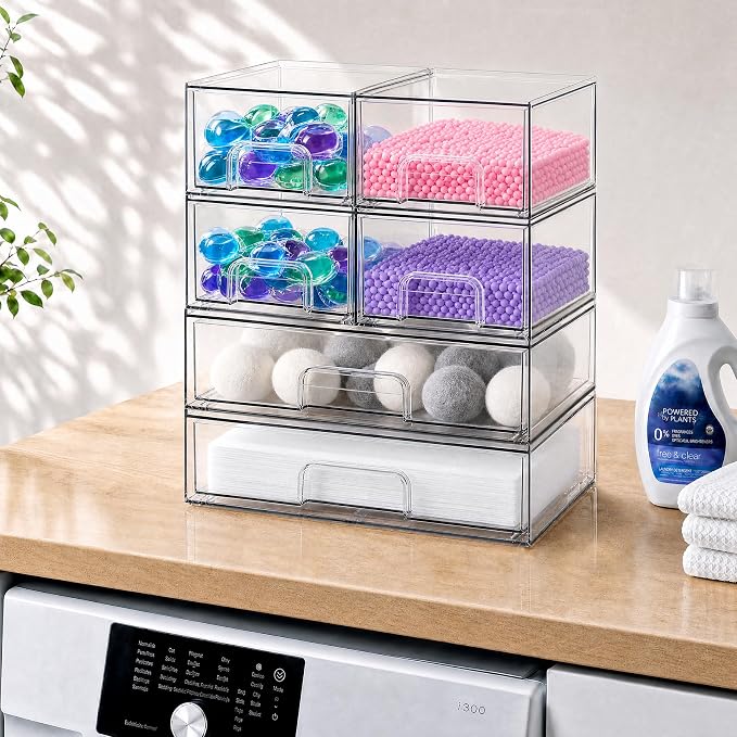 Clear Stackable Storage Drawers, Acrylic Bathroom Makeup Organizer, Plastic Bins for Art Tool & Sketch, Sturdy and Durable Containers for Countertop, Cabinet, Vanity, Pantry Organization