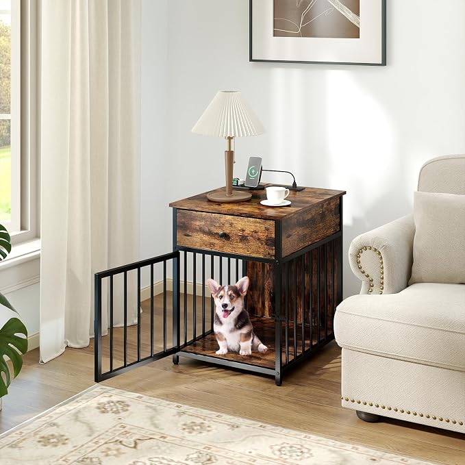 Giantex Dog Crate End Table with Charging Station, Small Dog Kennel Furniture with Drawer, Chew-Resistant Metal Tube, Lockable Door, Indoor Pet Cage Side Table for Small Dogs, Rustic Brown