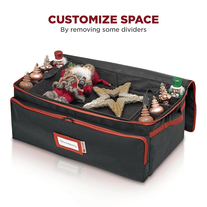 Premium Christmas Ornament Storage Box – Holds up to 72-3” Ornaments + 6 Side Slots for Figurines & Nutcrackers – Holiday Decoration Organizer – Durable 600D Black Canvas