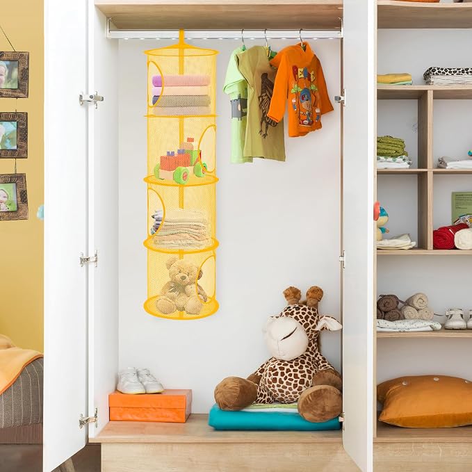 2Pcs Hanging Stuffed Animal Storage Hammock 4 Tiers, Yellow | Hanging Mesh Storage Organizer for Kids Room, Holds Plushies, Gloves, Hats, Socks, Foldable Space-saving Design