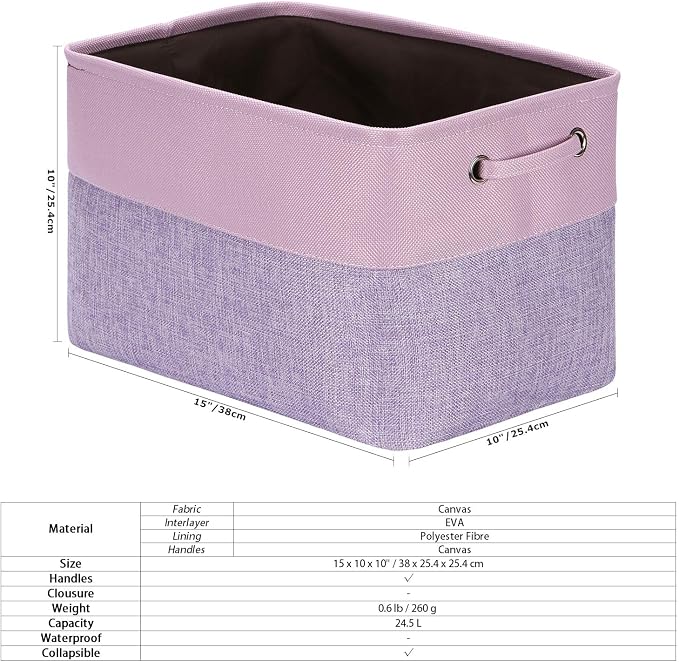 Sea Team Large Rectangle Canvas Open-Top Storage Baskets, 3-Pack | Collapsible Fabric Storage Bins with Handles, Closet Shelf Organizers, 15 x 10 x 10 Inches, Lavender & Orchid