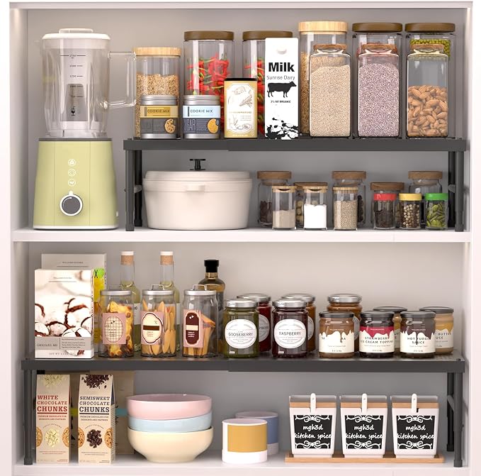 2 Pack Expandable adjustable stackable kitchen cabinet organizer,spice rack | Counter Shelf for Cabinets,Small Cupboard Organizers,Heavy Duty Metal Pantry Storage Shelves Racks for kitchen,bathroom