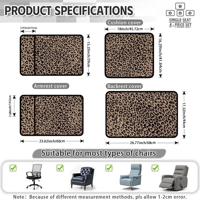 Leopard Print Recliner Chair Covers Non Slip 4 Piece Stylish | Cheetah Quilted Recliner Chair Protectors Slipcover with Side Pockets,Washable Furniture Covers for Recliners And Armchairs