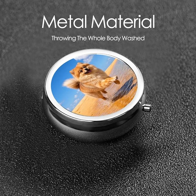 Pomeranian On The Beach Portable Pill Organizer | 3 Compartment, With Mirror, For Men Women, For Daily Supplements, Vitamins, Fish Oil, Jewelry, Candy, Travel