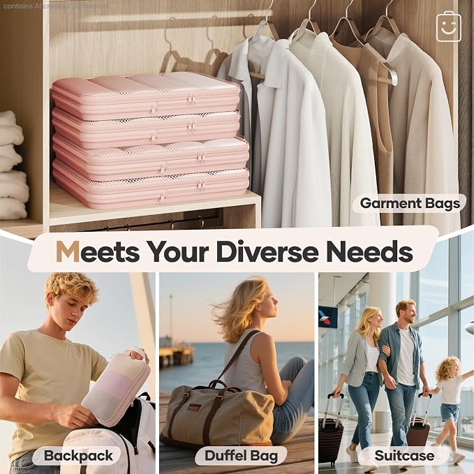 Veken 9/11 Set Compression Packing Cubes Garment Bags for Travel Essentials,Compressible Expandable Luggage Organizer Bags for Clothing,Space Saver Bags with Over 1000 pcs of Mesh Holes(Beige)