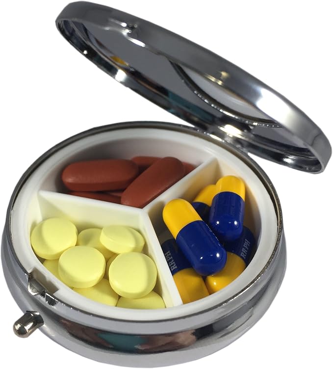 Paw Print Silver Pill Box – Round 3-Compartment Metal Pill Organizer, Compact 2-Inch Travel Pill Case for Purse or Pocket