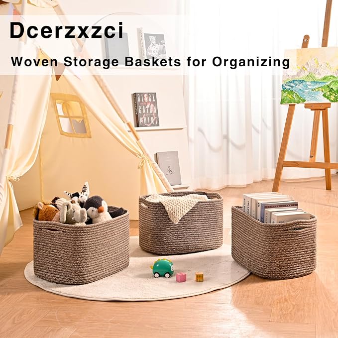 Storage Baskets for Organizing Shelves, Woven Cotton Rope Bins for Organization, Dog Toy Organizer for Shelf Living Room Bedroom, 14.8"×11"×9.5", Pack of 3, Dark Brown