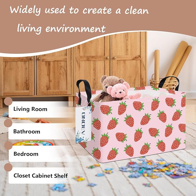 Rectangular Fabric Storage Bin, Foldable Strawberry print Basket | Damp-proof canvas with reinforced stitched handles.Great for clothes,books and sundries in closets,playrooms,laundry rooms.