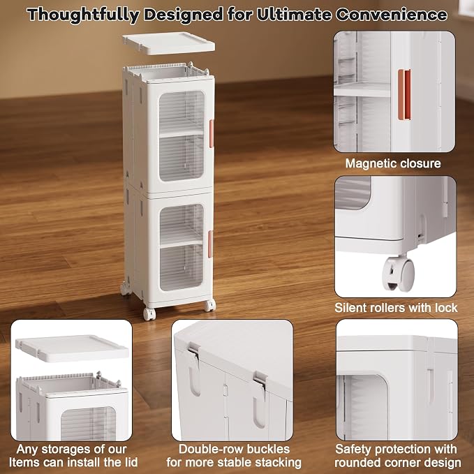 4-Tier Tall Narrow Plastic Storage Cabinet of 2, Foldable | Rolling Organizer with Lid,Doors,Stackable, Adjustable Shelves, Durable PP,Freestanding Bathroom Cabinet for Small Slim Space