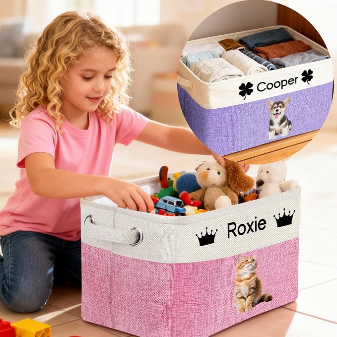 Personalized Dog Toy Storage Basket Bin with Name Photo Custom Pet Collapsible Organizer Box Container for Toys Coats Clothing Blankets