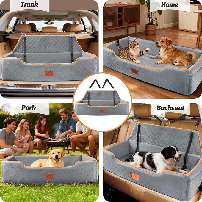 XIEEAOZEE Large Dog Car Seat for Pets Under 100 lbs, Backseat Dog Car Bed | Washable Pet Booster Seat for 2 Medium Dogs, Pet Travel Seat with Storage Pockets, Safety Belts