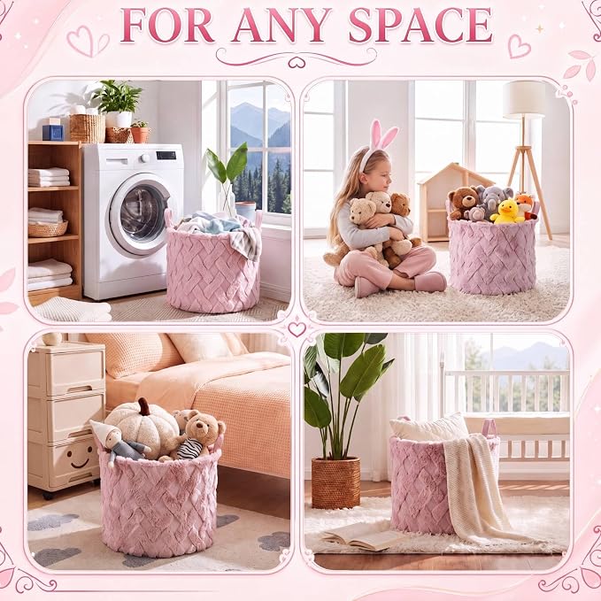 LemonRoad Extra Large Basket 20"x14", Woven Basket for Laundry Blanket Toy Box with Handle Storage, Blanket Storage for Living Room Nursery Pillows Chest(Pv Plush,Diamond,Pink)
