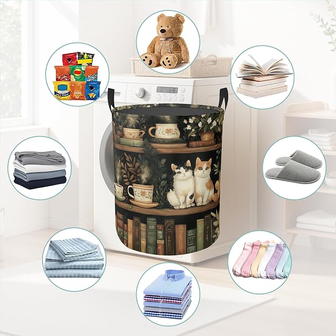 Cat Bookshelf Round Laundry Hamper Storage Basket Toys Clothes Organizer Bin For Home Bathroom Bedroom Dorm Nursery