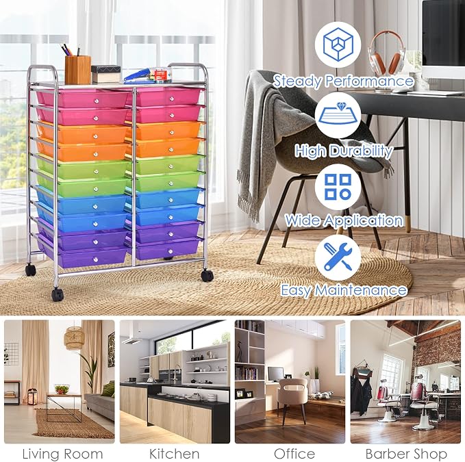 20 Drawer Rolling Storage Cart, Art Cart Organizer with Wheels for Makeup, Tool, Paper, Multipurpose Craft Storage Cart with Drawers for Office, Home, Classroom, Teacher, School (Rainbow)