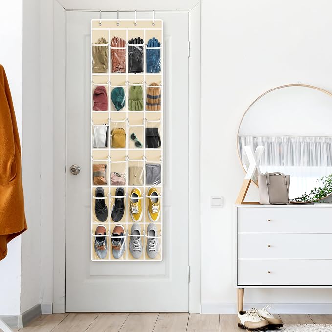 Simple Houseware 24 Pockets Clear Over the Door Shoe Organizer, Beige | 64" x 19", 4 Durable Metal Hooks, 4.3" x 9.5" Pocket Size, Multipurpose