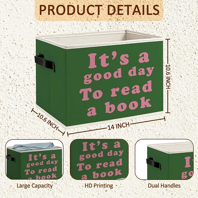 Green Classroom Book Foldable Storage Bins Box with Handles, It's Good Day to Read a Book Decorative Storage Boxes Baskets Toybox Organizer for Library Reading Room Classroom Kids Room
