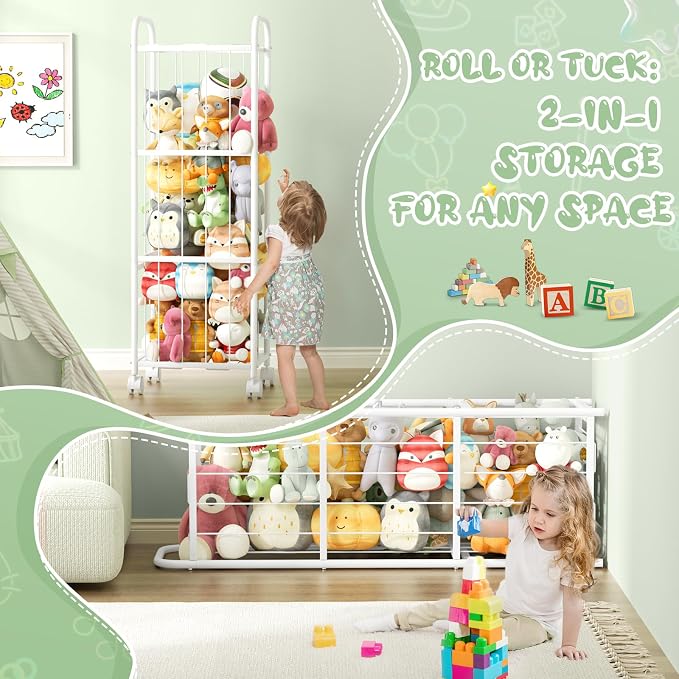 Stuffed Animal Storage Organizer with Wheels for Nursery Playroom | 53.5"x18.1"x13", holds 50+ plushies, sturdy metal frame, 4 casters with 2 brakes, wall anchor included, rounded corners