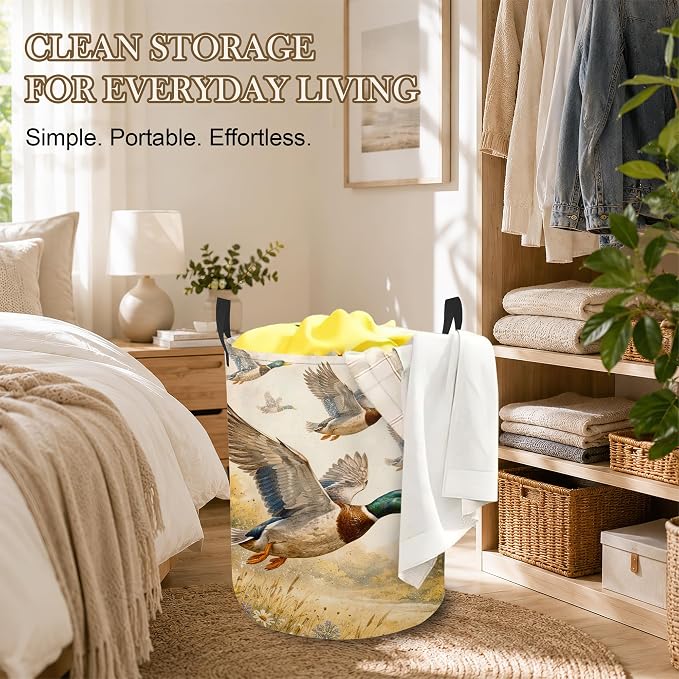 Laundry Hamper, Flying Ducks Collapsible Wildflowers Laundry Baskets Waterproof Oxford Cloth With Handles, Clothes Storage Bucket For Bathroom/Bedroom 16" x 20.8"