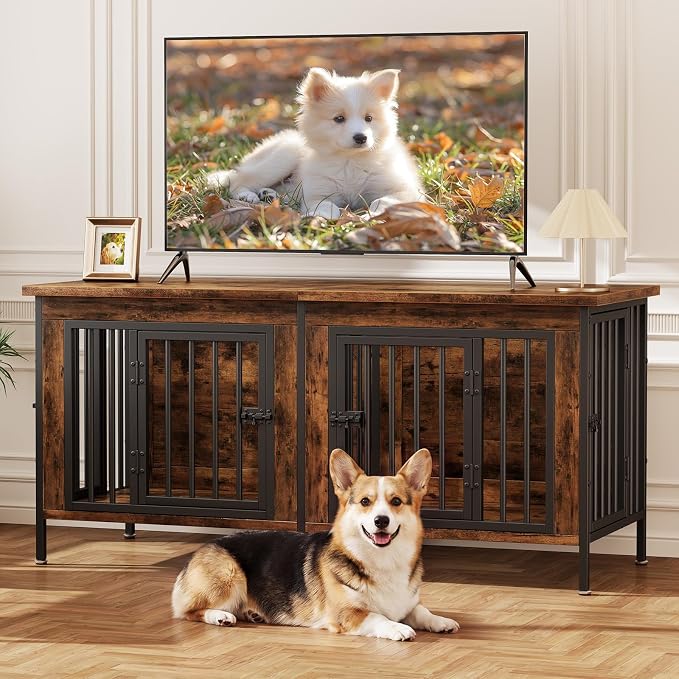 DUMOS 54" Dog Crate Furniture for 2 Dogs with Divider, Rustic Brown | Wooden Dog Kennel Furniture, Small Breed Center Divider and Double Doors, Heavy Duty Indoor Dog Cage, TV Stand, Side Table