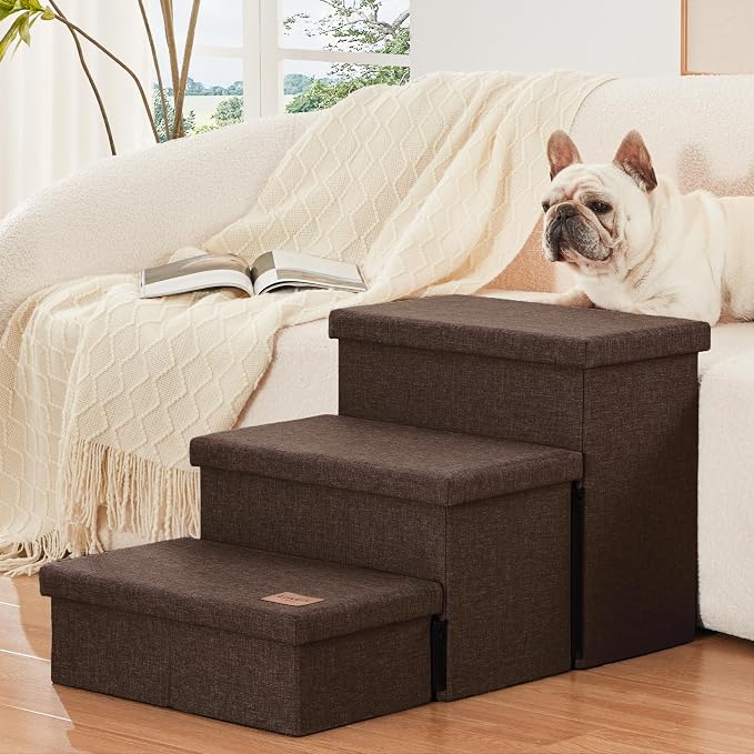 Love's cabin Dog Stairs for High Bed, Foldable Pet Stairs for Small Medium or Large Dogs Puppy with Storage for Bed or Couch, Cat Dog Steps Ramp with Zip up to 200 lbs, Coffee, 3 Steps