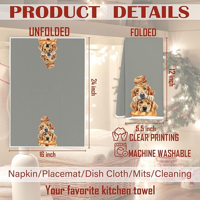 Funny Golden Retriever Kitchen Towels, Golden Retriever Lovers Gifts Dish Tea Towels, Cute Baking Chef Dog Bagel Baguette Decorative Hand Towel for Kitchen Bakery, 16x24 Inch