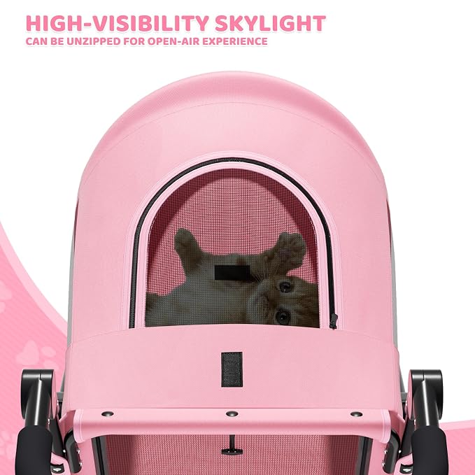Magshion 3-Wheel Foldable Dog Jogger with Adjustable Handle, Pink | Pet Stroller for Medium Larges, All-Terrain Wheels, Dual Entry, Rear Storage, Breathable Mesh, Up to 55 lbs