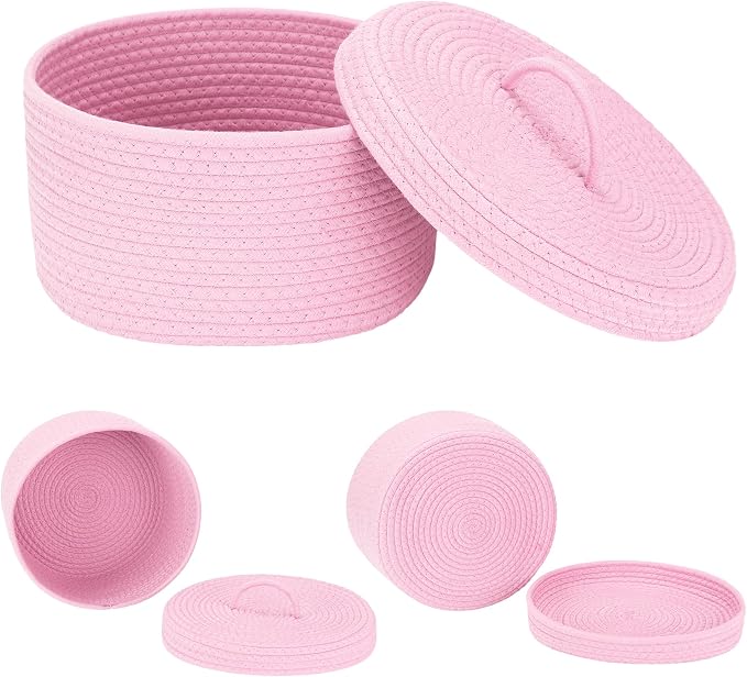 Sea Team Round Storage Basket, Woven Cotton Rope Basket with Lid, Pink | Decorative Knitted Storage Bin, Multi-Purpose Lidded Organizer for Closet Shelves, Nursery and Household Storage