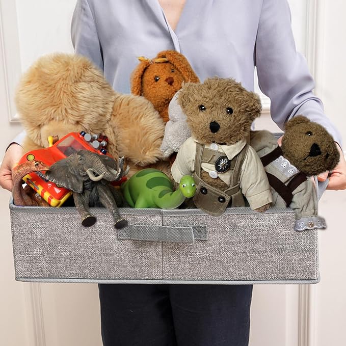 COWOSO Foldable Dog Toy Basket with 3 Handles, Pet Storage Box, Dark Grey | Portable Pet Toy Organizer for Dog Toys & Accessories, Low Front Design, Waterproof Collapsible Storage Bin for Living Room