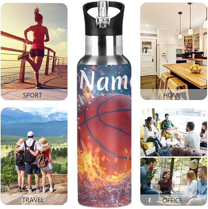 Custom Name Basketball Ball Fire Water Splash Water Bottle with Straw Lid Kids Insulated Stainless Steel Water Flask Sports, 20 Oz Hot Cold